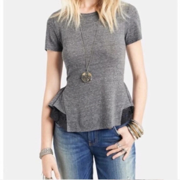 Free People Peplum Lace Ruffle Trim Tee Shirt Small - Picture 1 of 6